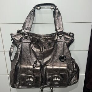 Elliott Lucca Estella Metallic Gray Leather Handbag with Graphite Hardware